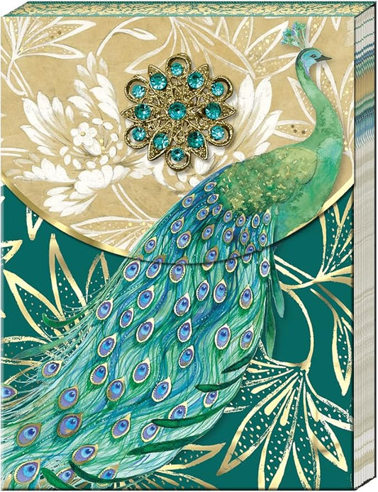 Punch Studio Flip-Top Notepad For Daily Notes or Notes on-the-go, with Magnetic Closure, Brooch Embellishment, Gold-Foil Accents & 75 Illustrated Sheets, 5" x 3.75" - Emerald Peacock (44667)