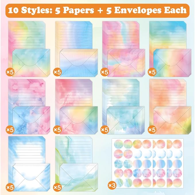 FUNCLASS 160 Pcs Watercolor Stationery Set Letter and Envelopes | 50 Lined Stationery Paper and 50 Matching Envelopes , 5.5 x 8.25 Inches Letter Writing Stationery for Home, Office, School
