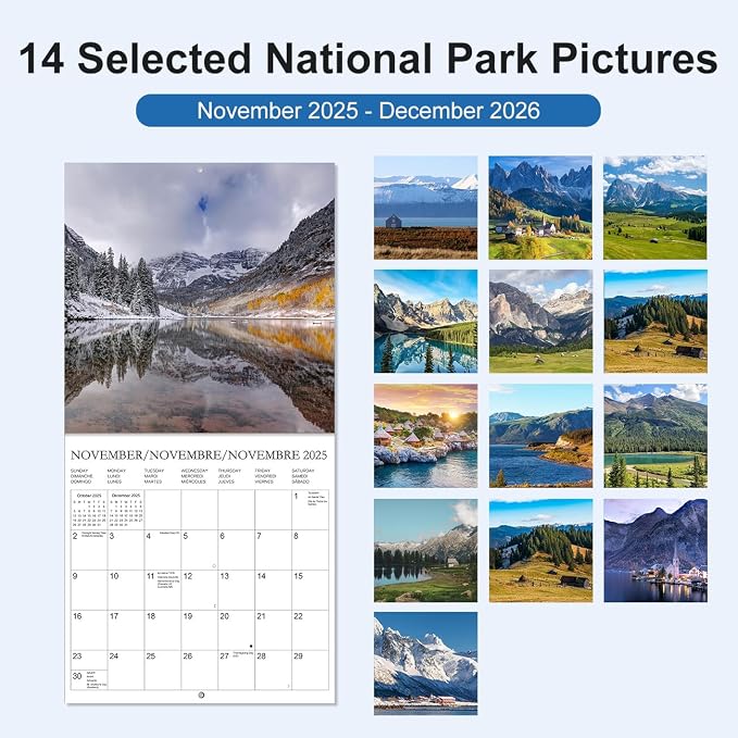 Calendar 2026 - Wall Calendar from January 2026 to December 2026, 3 Languages(English,French,Spanish), 2026 Wall Calendar with Holiday Marked, Premium Paper for Organizing, 12" x 12",National Park - D