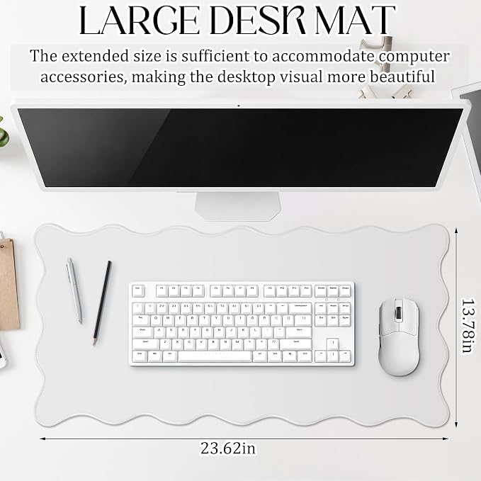 Hahafelt Scalloped Desk Mat Large Desk Pad Cute Coquette Table Mat Back to School Preppy Table Make up Pad Nonslip Graduation Gift with Stitching Waterproof Gaming(White,23.6 x 13.8 Inches)