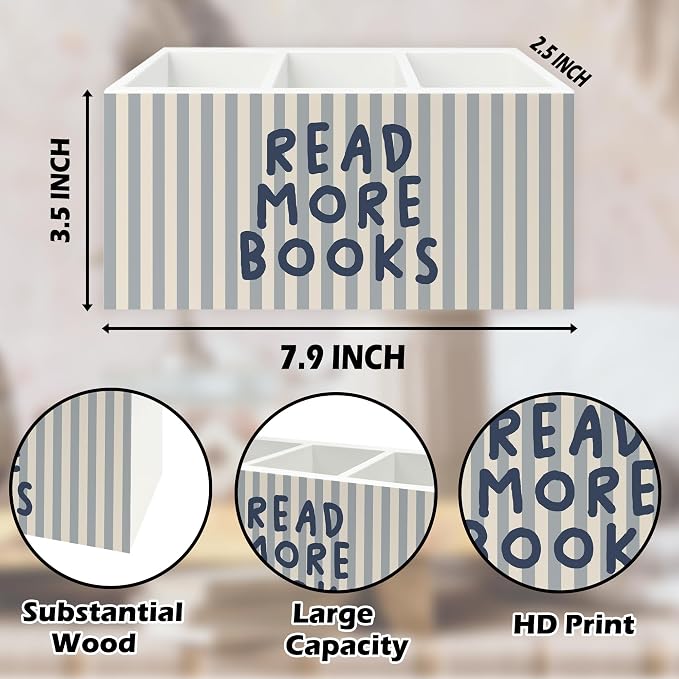 Reading Room Decor Pen Pencil Holder Organizer for Desk,Read More Books Blue Striped Wooden Box Signs Decorations for Reading Room Classroom Library Desk Tabletop, Book Lover Reader Gifts
