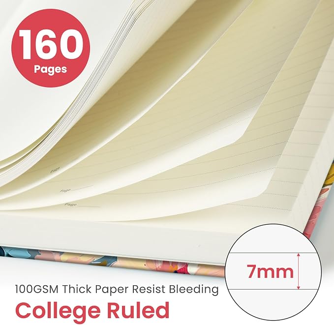 Taja Pretty Lined Journal for Women, Aesthetic Cute Hardcover Leather Journal for Writing, A5 College Ruled Notebook for Work & Note Taking, Perfect for Office School Home, 160 Pages, Pastel Garden