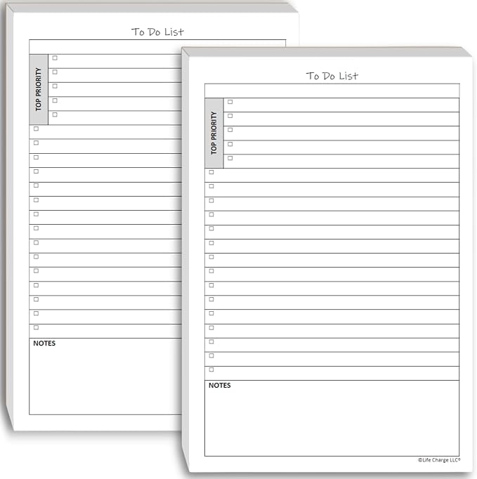 Life Charge To Do List Notepads for Work, Daily Checklist Planner Pads with Priority & Notes, 2 Pack, 100 Pages Total, 8.5 x 5.5 Half Letter, Portrait