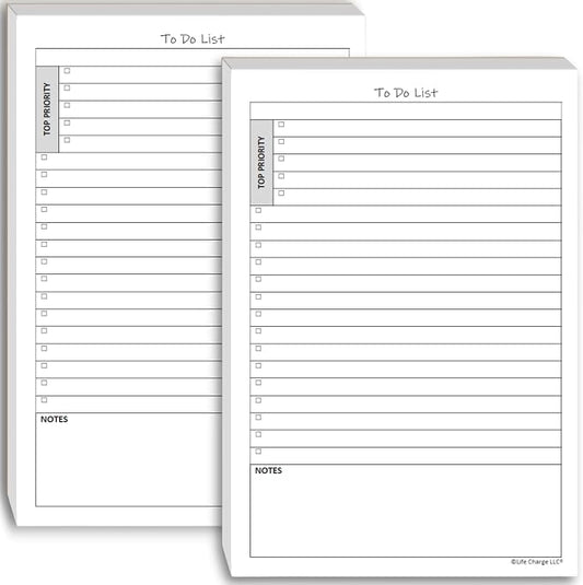 Life Charge To Do List Notepads for Work, Daily Checklist Planner Pads with Priority & Notes, 2 Pack, 100 Pages Total, 8.5 x 5.5 Half Letter, Portrait