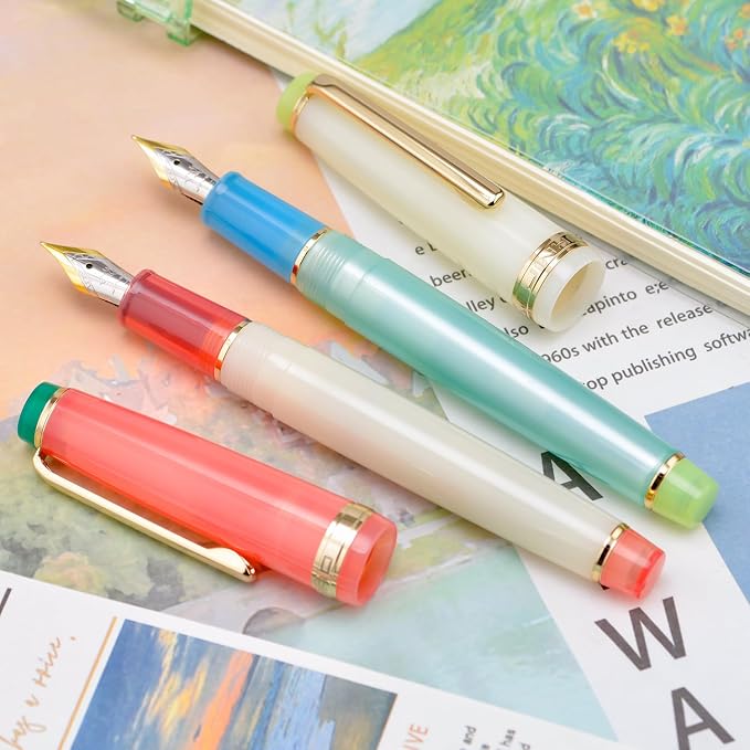 2PCS Jinhao 82 Fountain Pen Extra Fine Nib & Fine Nib with Converter, Mixed Macaroon Blue Red Gold Trim Writing Pen Set