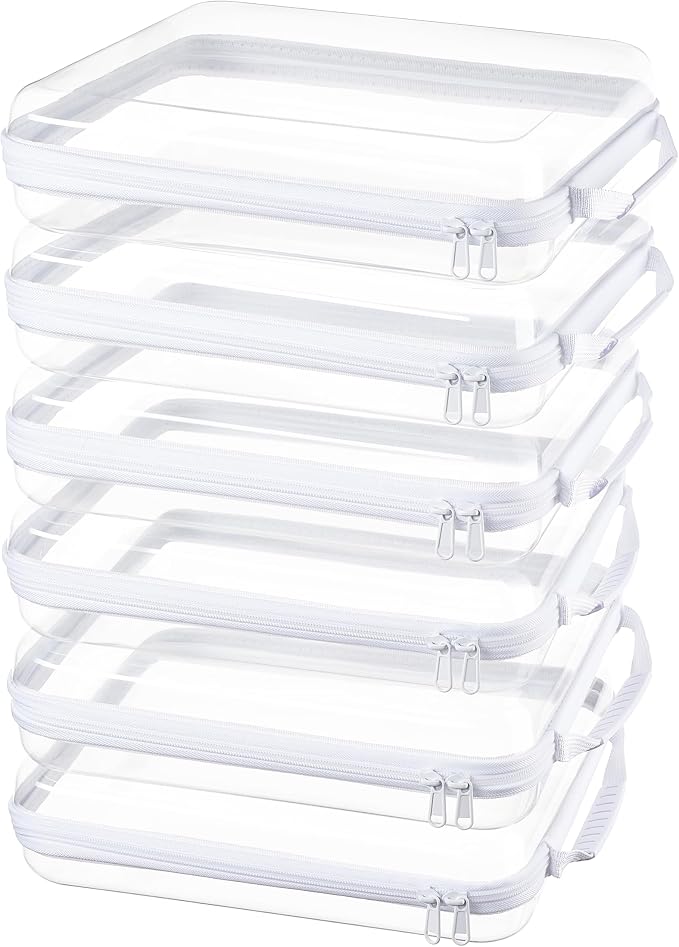 6-Pack Clear Bag Hard Shell Zipper Case with Handle, 1.3mm Thick Rigid Pouch for Craft Organizers and Storage, Large 12.6" Square Containers for Board Games, Puzzles & Toys