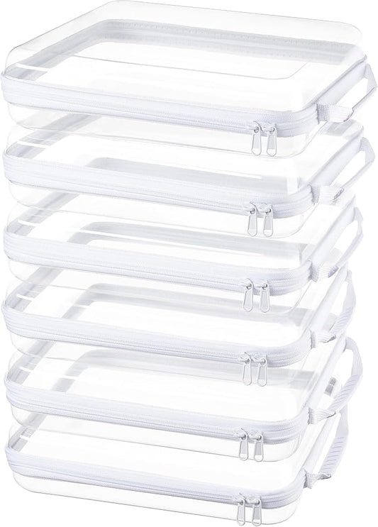 6-Pack Clear Bag Hard Shell Zipper Case with Handle, 1.3mm Thick Rigid Pouch for Craft Organizers and Storage, Large 12.6" Square Containers for Board Games, Puzzles & Toys