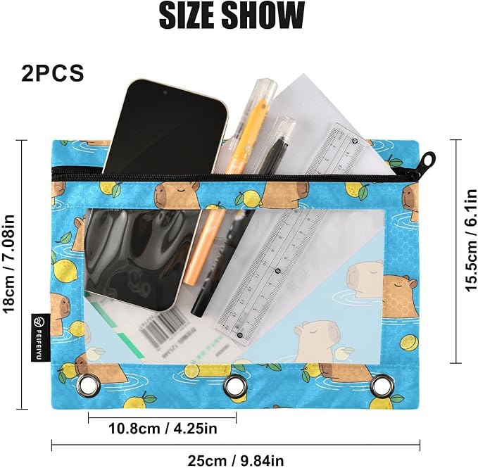 Emelivor Capybara Lemon Blue Pencil Pouch for 3 Ring Binder 2 Pack Binder Pencil Pouches Zippered Clear Pencil Case Cosmetic Bag for Office Work College Home Supplies