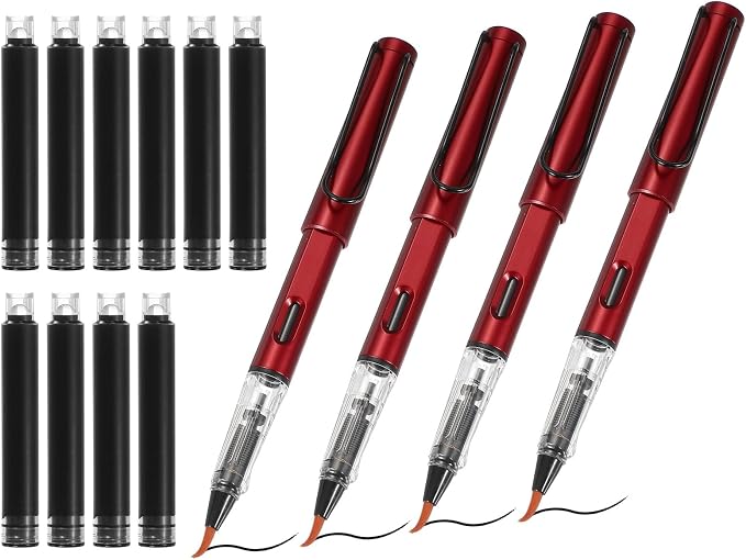 PATIKIL 4Pcs Calligraphy Brush Pens, Fountain Ink Brush Pen Refillable with 10Pcs Ink Refill for Writing Lettering Drawing Chinese Japanese Signature, Red