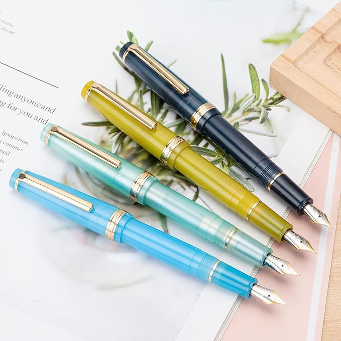 Jinhao 82 Acrylic Fountain Pen, Iridium Extra Fine Nib with Ink Converter, Transparent Dark Blue Classic Design Smooth Writing Pen (Gold Trim)