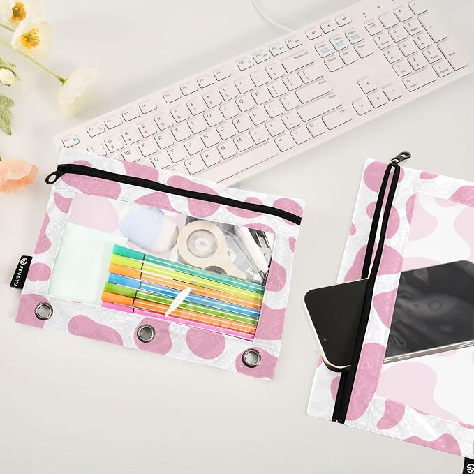Cow Pencil Pouches for 3 Ring Binder 2 Pack | Binder Pencil Case With Zipper Reinforced GrommetsPencil Bags for Office Organizers