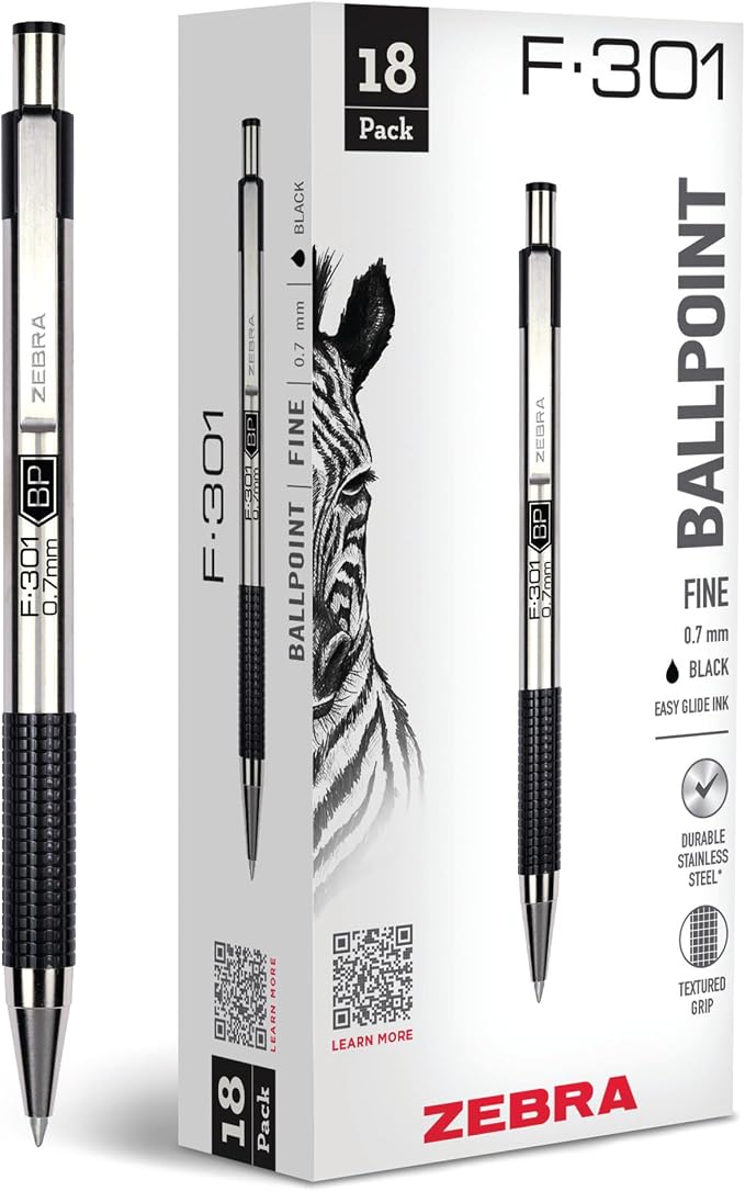 Zebra Pen STEEL F-301 Retractable Ballpoint Pen, Black Ink, 0.7mm, 18-Pack | Stainless Steel Barrel, Non-Slip Grip, Easy-Glide Ink, Fine Point, Professional Design, Ideal for Journals & Planners (27118)