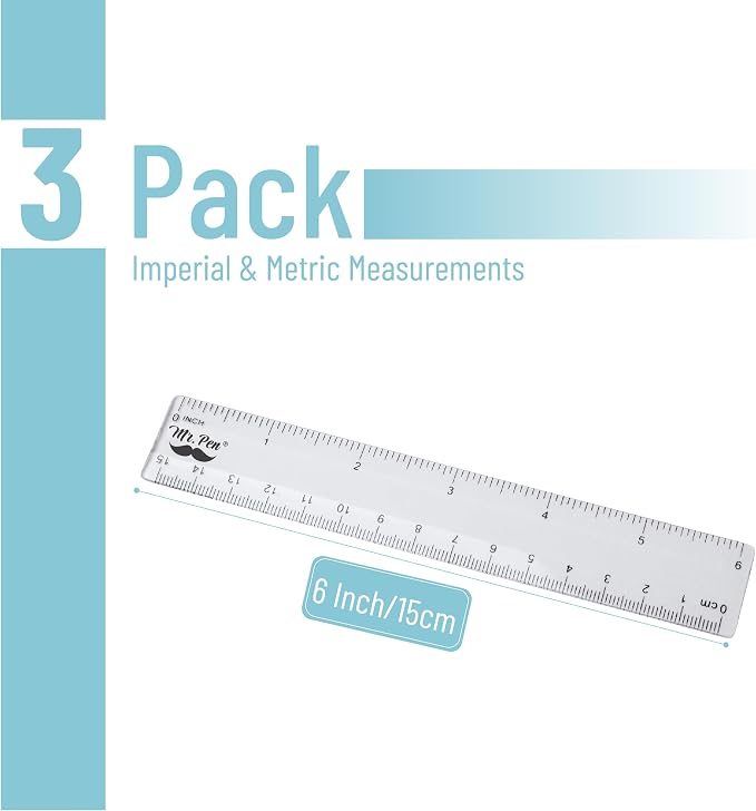 Mr. Pen- Plastic Rulers, 6 Inch, 3 Pack, Easy-to-Read Markings | Scratch-Resistant Design with Inches and Centimeters, Durable Small Transplant Rulers for Crafting Office & School