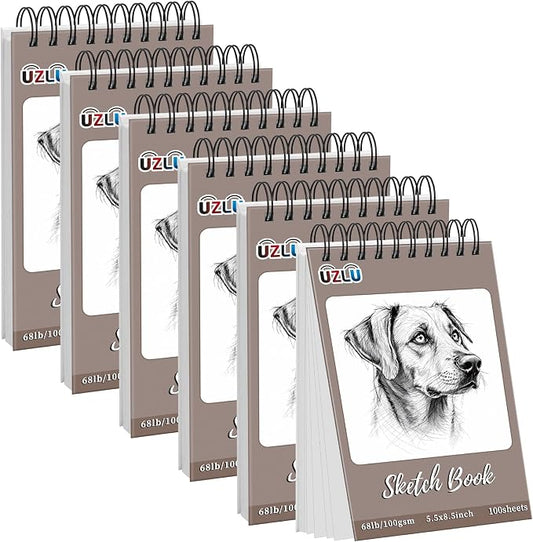 6 Pcs Sketch Book Bulk 5.5 x 8.5 In 600 Sheets Top Spiral Bound Sketch Pad Drawing Paper 100 Sheets Each Acid Free Mixed Media Sketchbook 68lb/100gsm Art Supplies for Beginner Artist