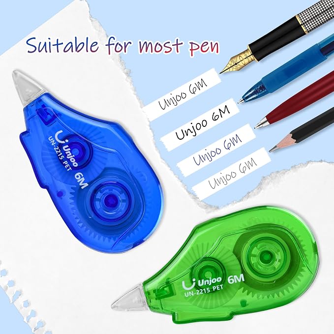 Unjoo White Correction Tape, For school, Office(12pack, 6Mx0.2,3 colors) | Easy To Use Applicator, Fast Clean Tear-Resistant Tape, 6M/256", Tape Width 0.2in