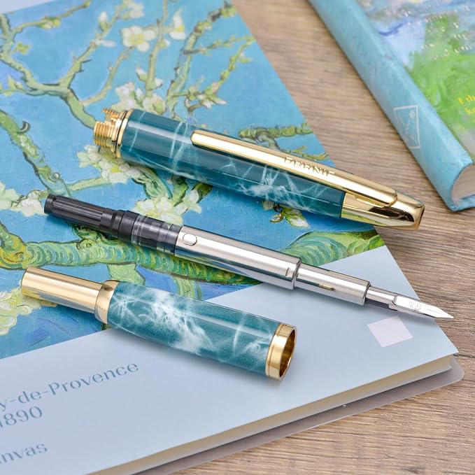 Jinhao 10 Press Fountain Pen with Box, Marble Blue Retractable Fine Nib with Ink Converte Set (Golden Clip)