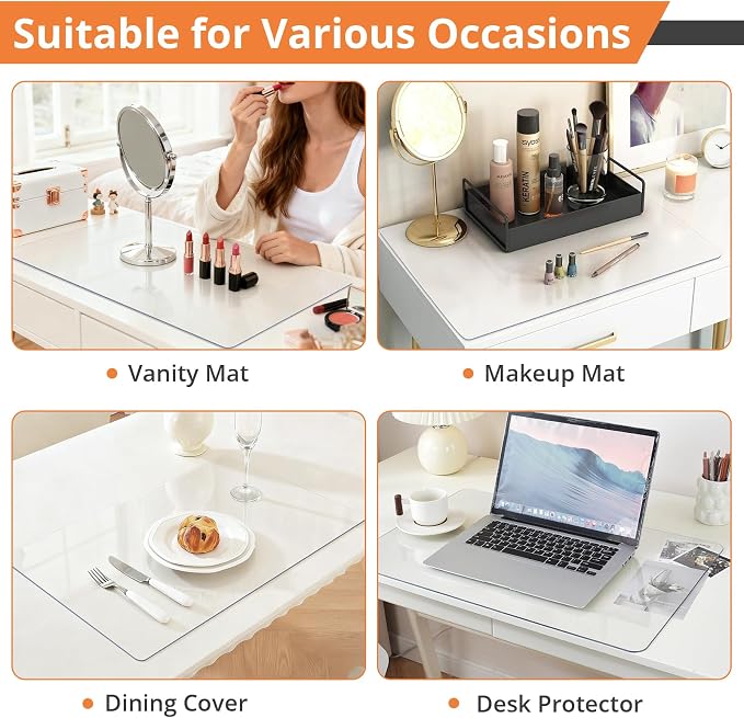 LovePads Makeup Mat for Vanity, 16 x 60 Inch Vanity Mat, Dual-Sided Desk Protector Pad- Easy to Clean and Waterproof Vanity Accessories for Craft Table, Nail Art Table, Dresser Top (Clear)
