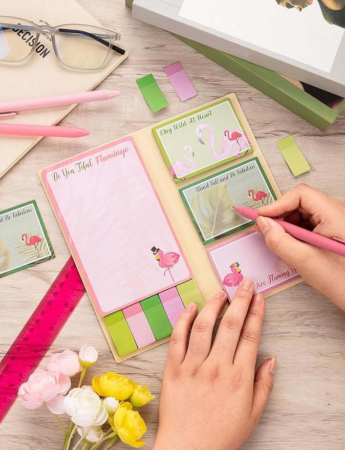 Cute Cartoon Flamingo Sticky Notes Teacher Appreciation Gift, Blackboard Self-Stick Note Pads with 3 Ballpoint Pens, Self-Adhesive Writing Memo Pages Back to School Office Supplies Small Gift