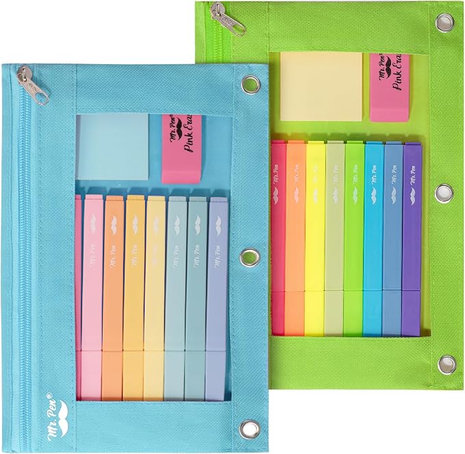 Mr. Pen- Pencil Pouch for 3 Ring Binder, 2 Pack, 10"x6.75", Smooth Zipper | Clear Window, Large Capacity Pencil Case with 3 Reinforced Grommets for School, Office, Supplies Storage | Clear Window, Large Capacity Pencil Case with 3 Reinforced Grommets f...