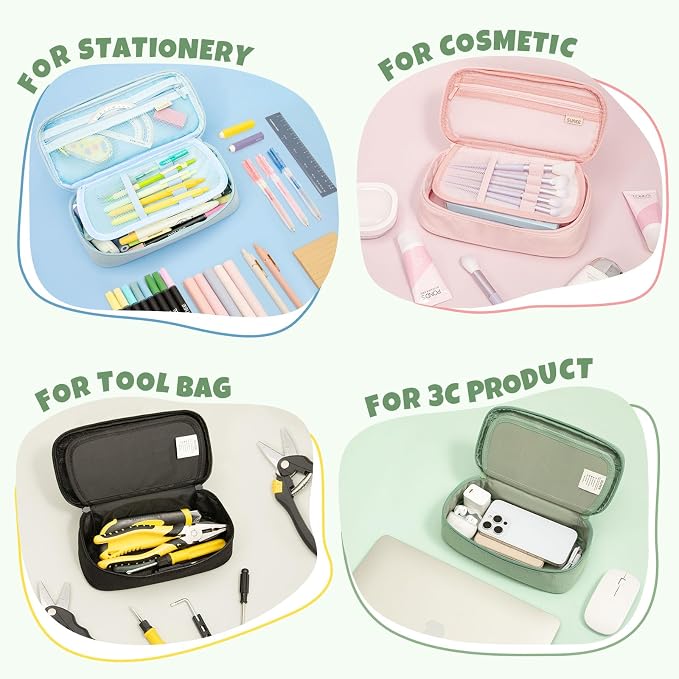 SUNEE Cute Pencil Case, Large Capacity Pencil Pouch, Big Storage Organizer for Stationery, Zipper Pen Bag, Back to School Supplies, Office Organizer Makeup Bag, for Teen Girl Boy Men Women, Green