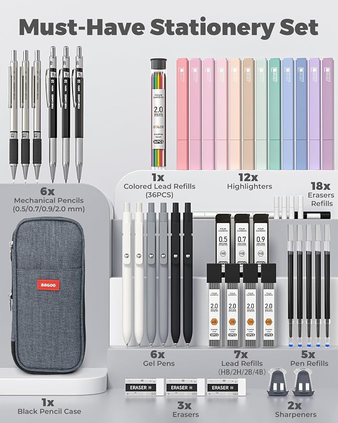 Four Candies School Supplies with Pen Case, 45ct Black | Back to School Stationery Set, Essentials for College & Nursing Students, 6 Gel Pens, 6 Mechanical Pencils, 12 Highlighters