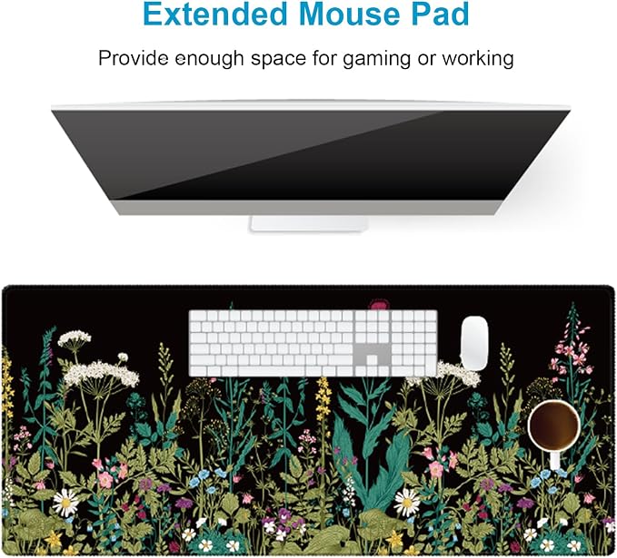 XXL Waterproof Office Desk Pad Protector 35.4x15.7 Inch - Extended Gaming Mouse Pad with Non-Slip Rubber Base, Thickened Keyboard Mat, Stitched Edges & Weeds Design