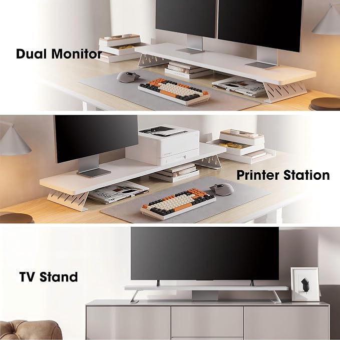 Fenge Monitor Stand Riser, Wooden & Metal Desk Shelf Organizer, White | 42.5 Inch Dual Monitor Riser for 2 Monitors, Multifunctional Monitor Shelf for Laptop, PC, Printer
