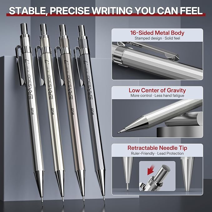 WUO 0.7mm Mechanical Pencil Set with Eraser Pen, 4PCS Metal Mechanical Pencils, 480 HB Lead Refills, 3PCS 4B Erasers, 10PCS Eraser Refills for Writing, Drafting, Drawing & Sketching
