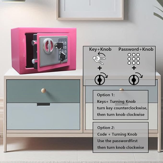 Yuanshikj Small Steel Security Safe Box with Keypad,Key;0.23 Cu Ft, Pink | Electronic Digital Secure,9.1" W x 6.7" D x 6.7" H,Hidden for Home Dorm Apartment Hotel Office Cash Jewelry Storage