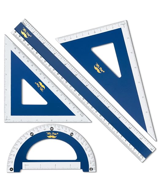 Mr. Pen- Wooden Geometry Set, 4 Pack, 8" 30°/60° Set Square | 5.5" 45°/90° Set Square, 6" Protractor & 12" Ruler for Classroom Use, Math, Drafting, Technical Drawing & Architecture