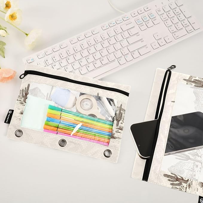 Gredecor Binder Pencil Pouch 3 Ring Wild West Desert Cowboys Zipper Pencil Pouches Case 2 Pack Clear Binder Organizer for School Office