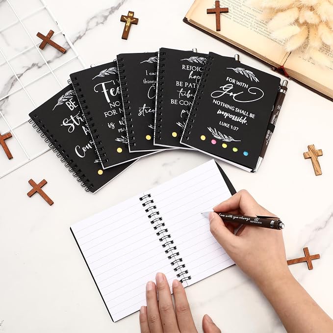 Kosiz 40 Pcs/20 Set Christian Gift Bulk Bible Verse Bamboo Pen Spiral Bible Notebook with Notes Religious Basket Stuffers for Back to School Teacher Church Members Coworker (Black)