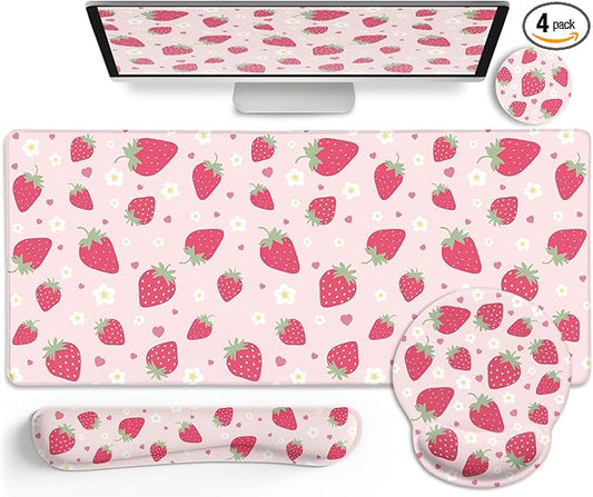 LIMKRIAN Strawberry Mouse Pad Large Desk Mat Set, Pink Ergonomic Mouse Pad | Wrist Rest for Computer Keyboard, Memory Foam Wrist Support, Coaster, Desk Pad, Cute Office Desk Decor Accessories Supplies