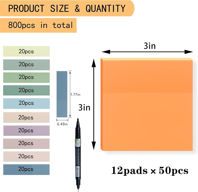 YOUDEFUL 800Pcs Transparent Sticky Notes, Bright Orange Clear Sticky Notes, 3"x3" Waterproof Translucent Sticky Note Pads, Index Tabs, Clear Post it Notes for Bible Study, See Through Sticky Notes