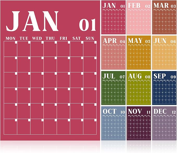 Gueevin 2026 Reusable Classroom Calendar Large Undated Dry Erase Wall Calendar 16 x 12 Inches Big Monthly Blank Planner Yearly Planning for School Organizing Office Home (Retro Contrast Color)