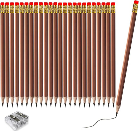 Adhere 25pcs Woodcase Pencils with Eraser Premium Pre-Sharpened Hexagon Graphite 2B pencils ideal for home, office writing including a Free Sharpener (Brown・25pcs)