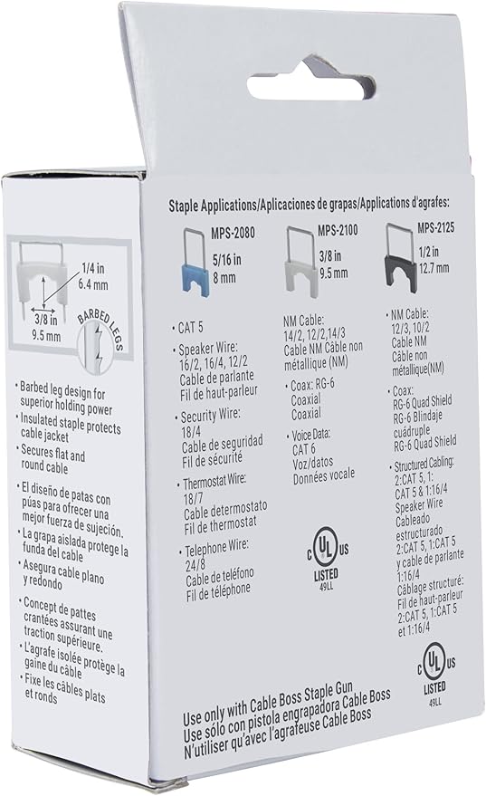 Gardner Bender MPS-2100 Cable Boss Staple, ⅜ Inch., Secures: Coax: RG-6, Voice/Data: CAT 6, (NM) Non-Metalic 14/2, 14/3, 12/2, White, 200 count (Pack of 1)