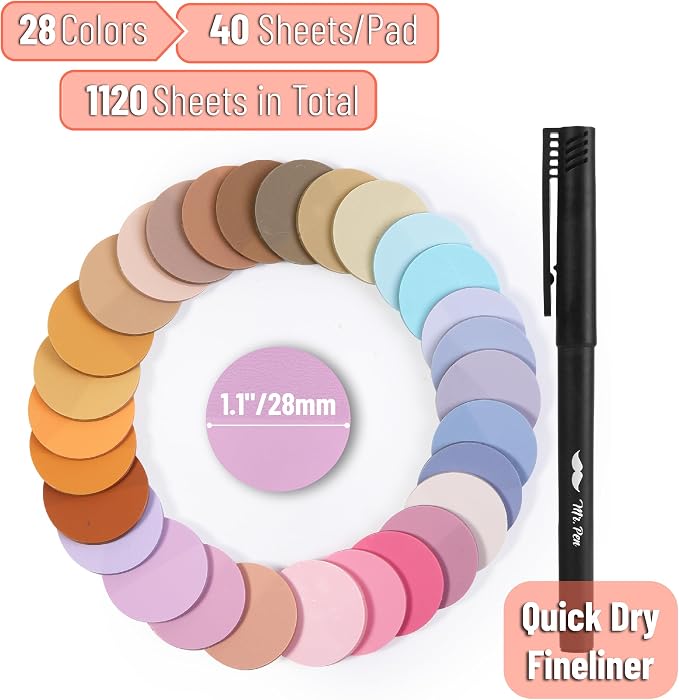 Mr. Pen- Round Transparent Sticky Notes, 1.1” Diameter, 28 Pads | 1120 Sheets, Colorful, Water-Resistant See-Through Sticky Notes Bulk & Fineliner, Smooth Writing