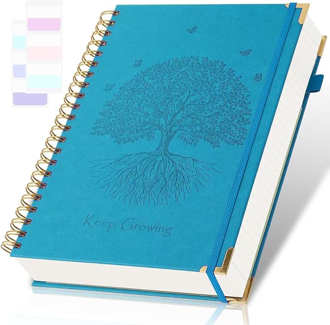 Spiral Notebook, College Ruled Notebook, A5, 300 Page Leather Journals for Writing, 5.7" x 8.5", Hardcover Journaling Notebooks for Work School, 24pcs Tabs, Large Embossed Journal for Women Men, Blue2