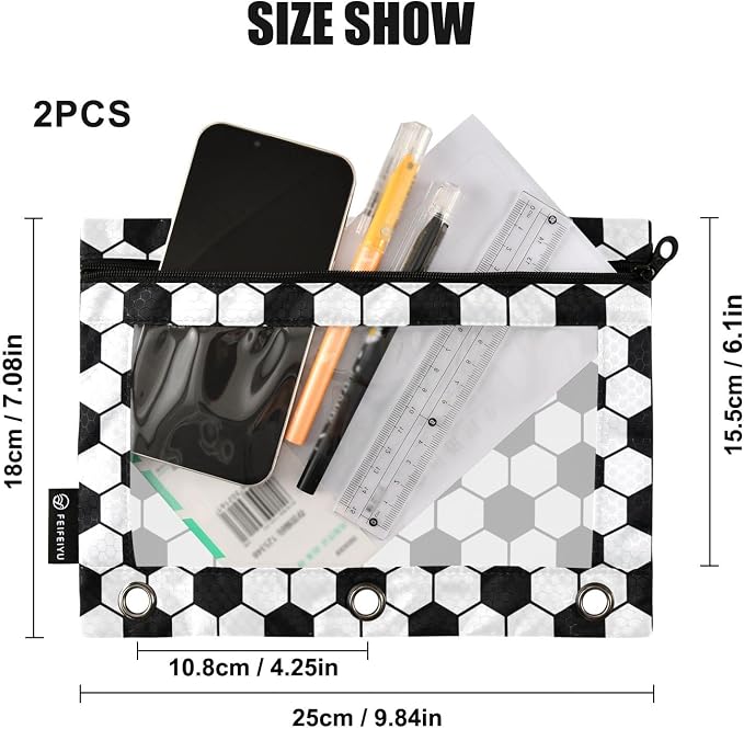Soccer Pencil Pouches for 3 Ring Binder, Zipper Binder Pencil Case, 2 Pack Clear Window Case Bag for Office Organizers