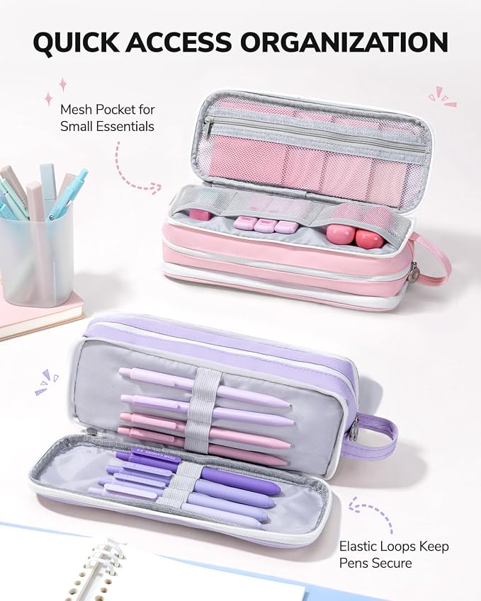 Four Candies Large Pencil Case, 3 Compartment Organizer Pouch | Large Pen Bag for Stationery & Office Multi-Purpose Organizer Makeup Bag Travel Bag with Handle (Blue)
