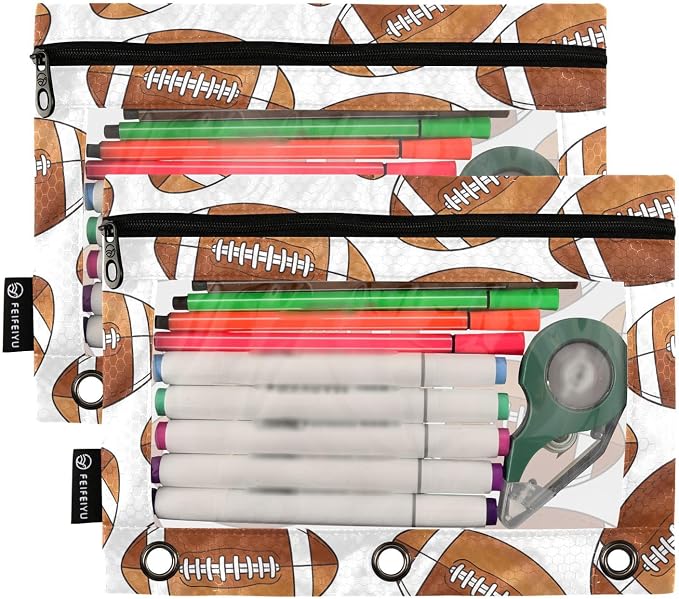 American Football Pencil Pouches for 3 Ring Binder, Zipper Binder Pencil Case, 2 Pack Clear Window Case Bag for Office Organizers
