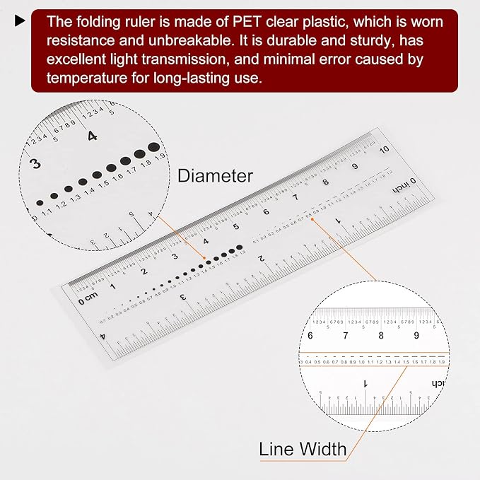 HARFINGTON Film Flexible 4 Inch 0.1mm Scale PET Plastic Folding Straight Ruler Calibration Soft Ruler Measuring Tool for Factory, Transparent