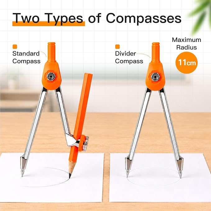 YPLUS Geometry Set, Protractor and Compass Set for Students, 11Pcs | Compass Drawing Tool with Metal Case, Protractor, Formula Card, Rulers, Mechanical Pen, School Supplies for Students