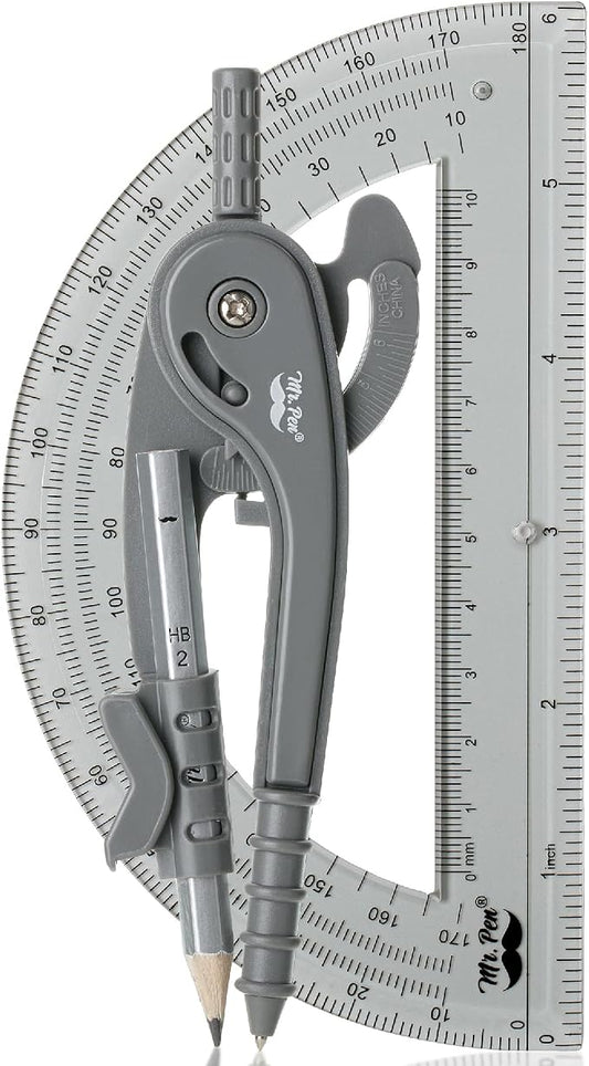 Mr. Pen- Geometry Compass and Protractor Set, 6 Inch Compass | 6 Inch Protractor, Drawing Tool for School, Clear Plastic, Easy Grip, Precision Design for Math, Art, Drafting, Architecture
