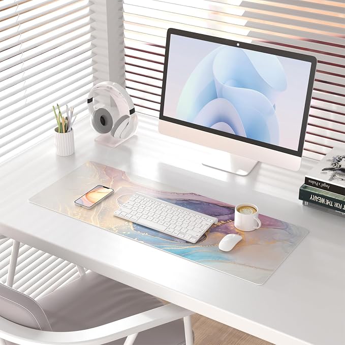 Colorful Star Waterproof Blue Purple Marble Desk Pad, 31.5" x 11.8" | PU Leather Desk Mat Large Keyboard and Gaming Mouse Pads for Office, Non-Slip Writing Pad Desk Accessories for Women Men