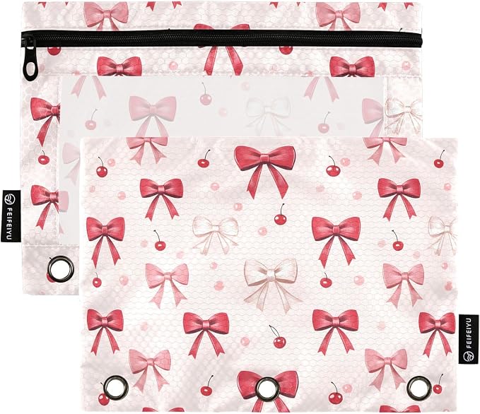 ALAZA Pencil Pouch for 3 Ring Binder, Red Bows Cherry Binder Pencil Pouches with Clear Window Zipper Pencil Case Cosmetic Bags for Office College Supplies, 2PCS
