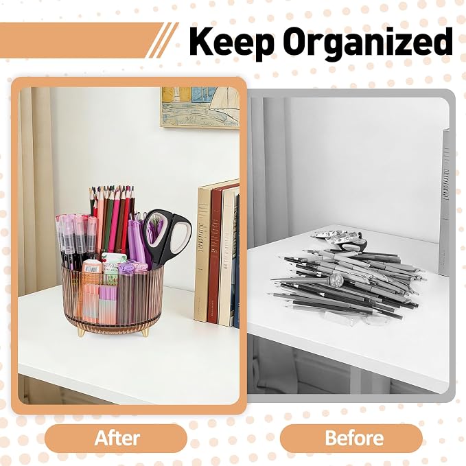 360 Rotating Pen Pencil Holder for Desk, Pen Organizer with 5 Slots, Makeup Brush Holder, Desk Organizer and Accessories, Cute Pencil Cup Caddy for Office School Home Decor Art Supply (Amber)