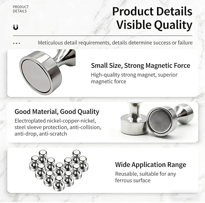 Strong Fridge Magnets, 10 Pcs, 25 x 30mm, Silver, Heavy Duty Magnetic Push Pins for Refrigerator, Whiteboard, Office, Classroom, Kitchen & Locker Decor