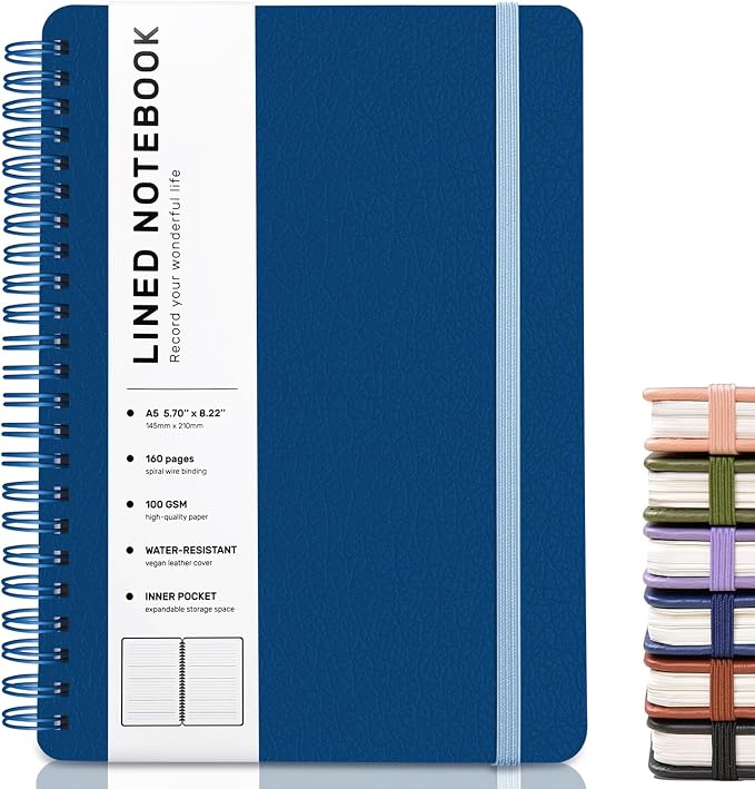 ABERLLS Lined Spiral Journal Notebook with 160 Pages, 8×5.7in, A5 Spiral Notebook, Journaling Notebooks for Work, School, Women, Men, College Ruled Spiral Notebook, Hardcover Leather Journals, Blue